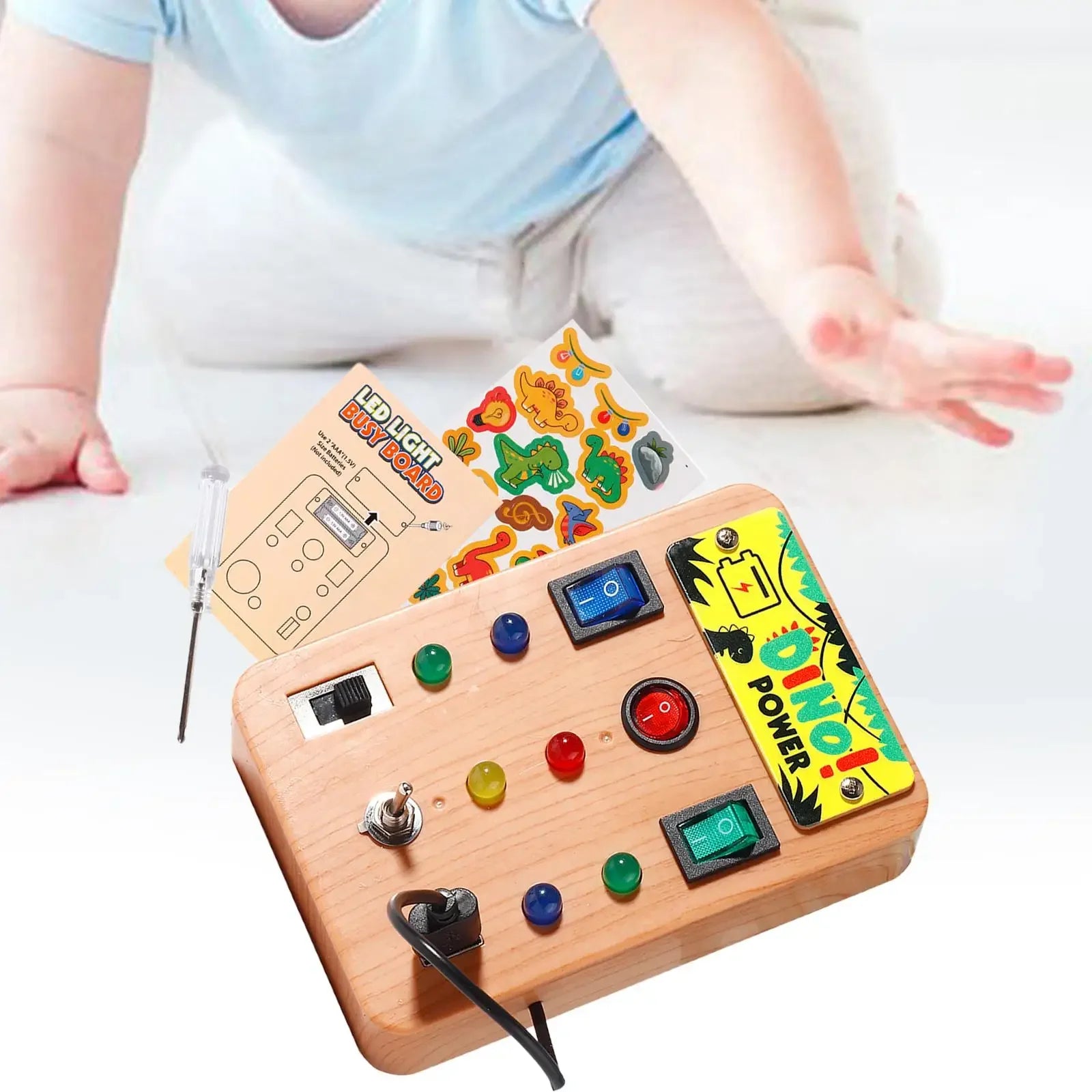 Planche d'activités Montessori en bois - Jeu sensoriel éducatif avec interrupteurs, lumières LED et accessoires