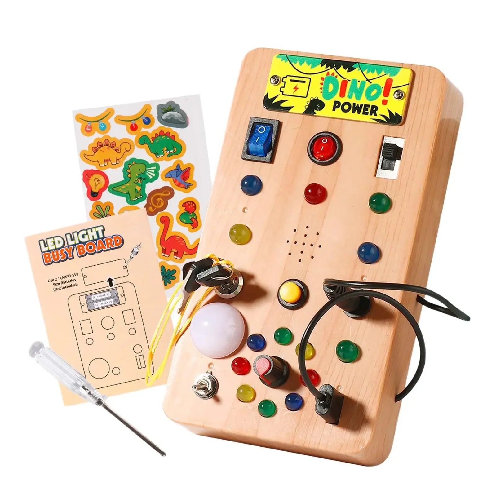 Planche d'activités Montessori en bois - Jeu sensoriel éducatif avec interrupteurs, lumières LED et accessoires